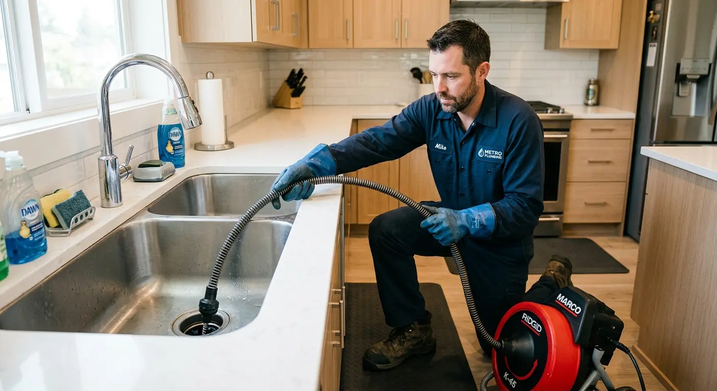 Drain cleaning technician using a motorized snake on a kitchen sink in Lake Norman of Iredell