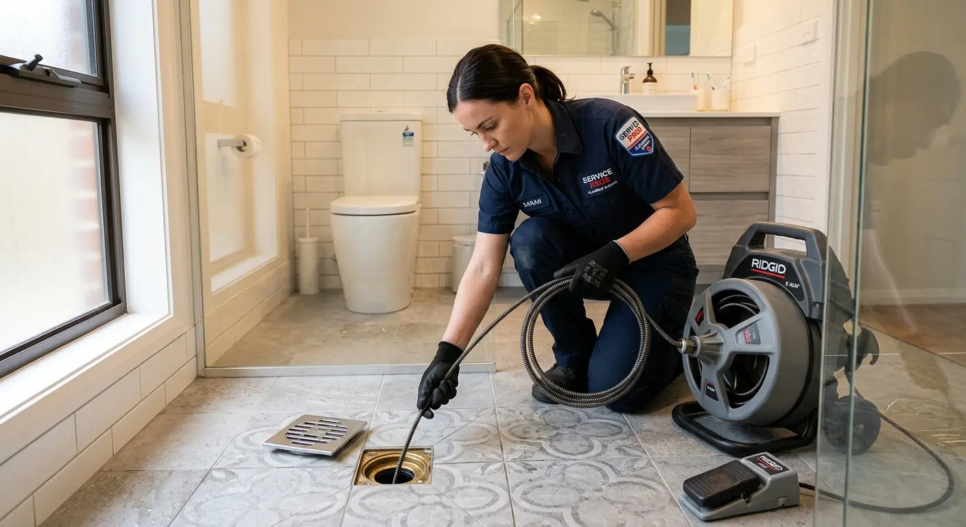 Technician clearing a bathroom floor drain for Sewer Line Installation in Lake Norman of Iredell